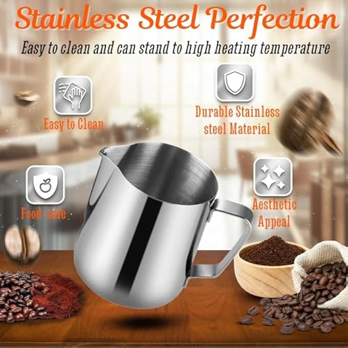 فليكسزيون إبريق رغوة الحليب المصنوع من الفولاذ المقاوم للصدأ، غلاية الحليب، كوب، إبريق كريمة، ملحقات مناسبة لآلات صنع قهوة الإسبريسو والكابتشينو وفن لاتيه 12 أونصة 350 مل - Image 5