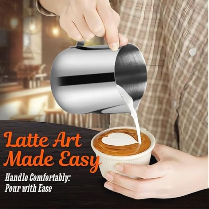 فليكسزيون إبريق رغوة الحليب المصنوع من الفولاذ المقاوم للصدأ، غلاية الحليب، كوب، إبريق كريمة، ملحقات مناسبة لآلات صنع قهوة الإسبريسو والكابتشينو وفن لاتيه 12 أونصة 350 مل - Image 3