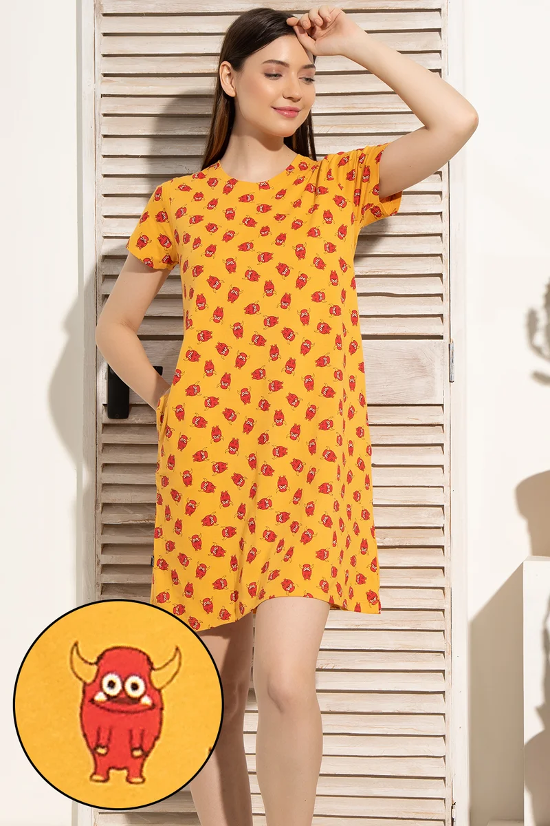 كلوفيا Clovia Monster Print Short Night Dress in Mustard Yellow - 100% Cotton