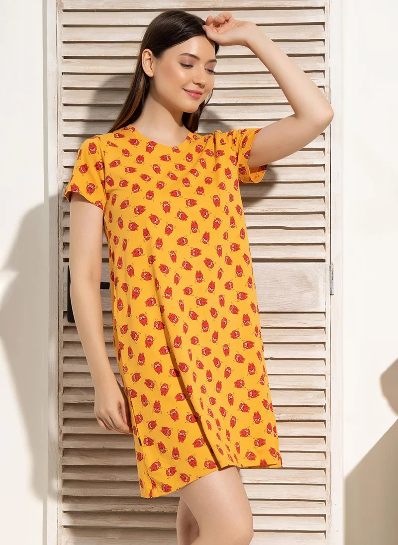 Clovia Yellow Clovia Monster Print Short Night Dress in Mustard Yellow - 100% Cotton for Women | Best Price UAE