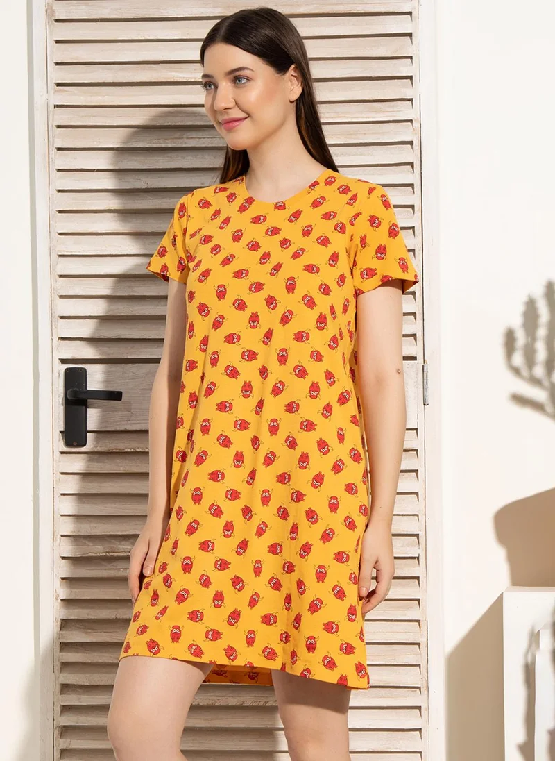 Clovia Clovia Monster Print Short Night Dress in Mustard Yellow - 100% Cotton
