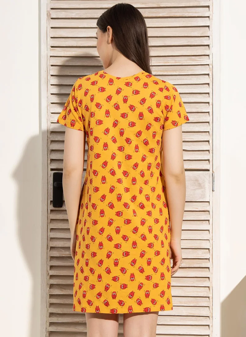 Clovia Yellow Clovia Monster Print Short Night Dress in Mustard Yellow - 100% Cotton for Women | Best Price UAE