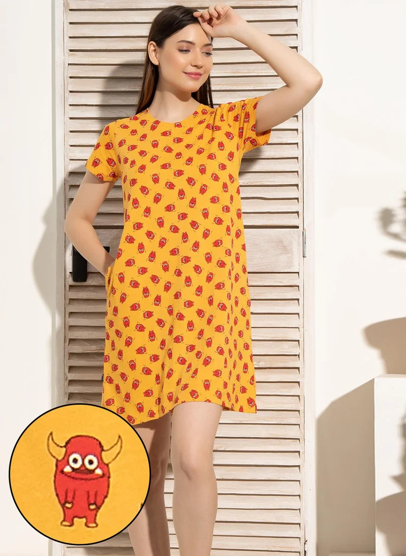 Clovia Clovia Monster Print Short Night Dress in Mustard Yellow - 100% Cotton