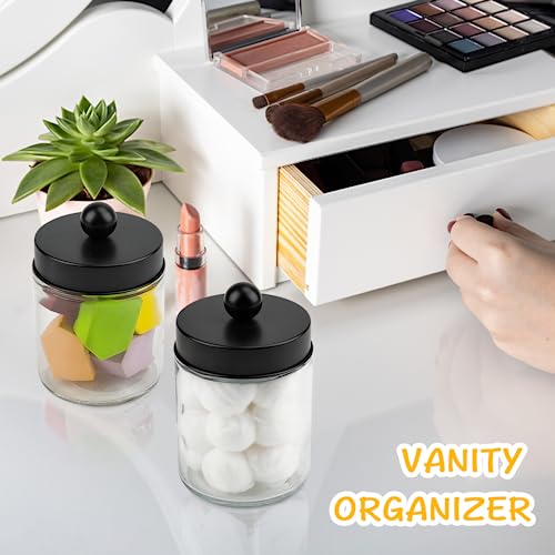 Goramio 4 Pack Glass Apothecary Jars with Lids for Bathroom, Cute Qtip Holder, Black Bathroom Accessories Set, Small Bathroom Canisters with Lids for Q-Tips, Cotton Swabs, Black Bathhouses Decor - Image 4