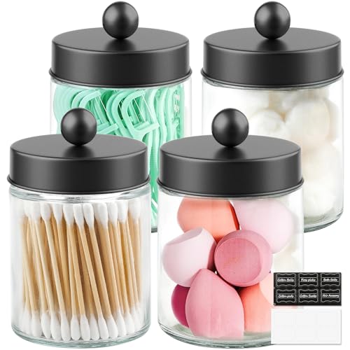 Goramio 4 Pack Glass Apothecary Jars with Lids for Bathroom, Cute Qtip Holder, Black Bathroom Accessories Set, Small Bathroom Canisters with Lids for Q-Tips, Cotton Swabs, Black Bathhouses Decor - Image 1