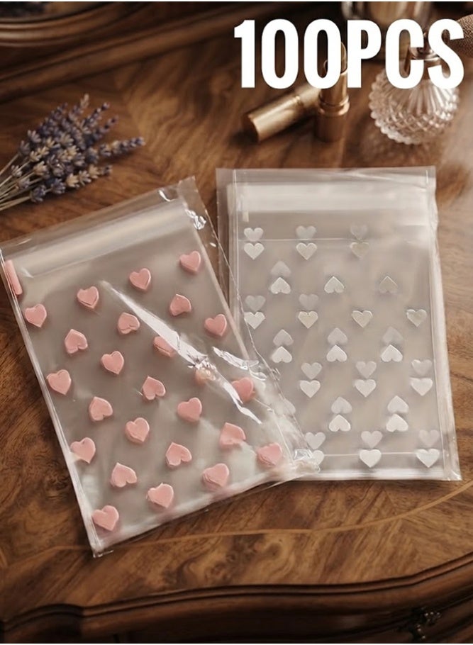 MAIDI 100pcs Resealable Cookie Snack Cellophane Bags, Plastic Bags for Baking Cookies and Candies (10x8 cm)Pink & White Heart Frosted OPP Self-Adhesive Bags, Food-Grade Sealing Bags ,Cute Girly Party Favor Packaging Pouches - Image 1