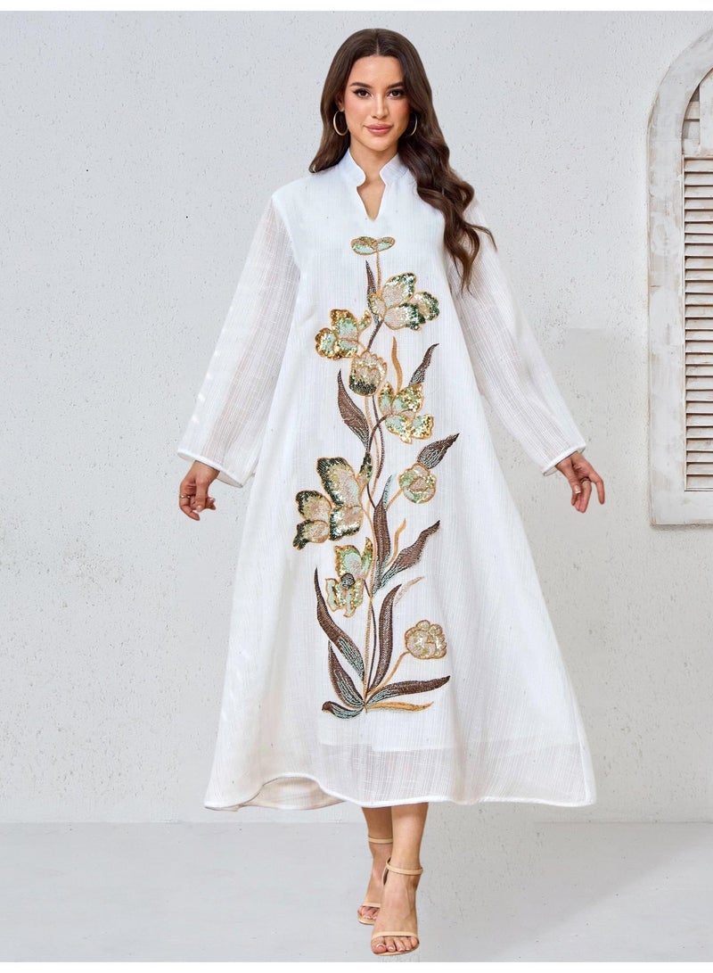 Kaiyuede Abaya Eid Ramadan White Gold Sequin Floral Polyester Stand Collar V-Neck Full Coverage Daily S-XL - Image 4