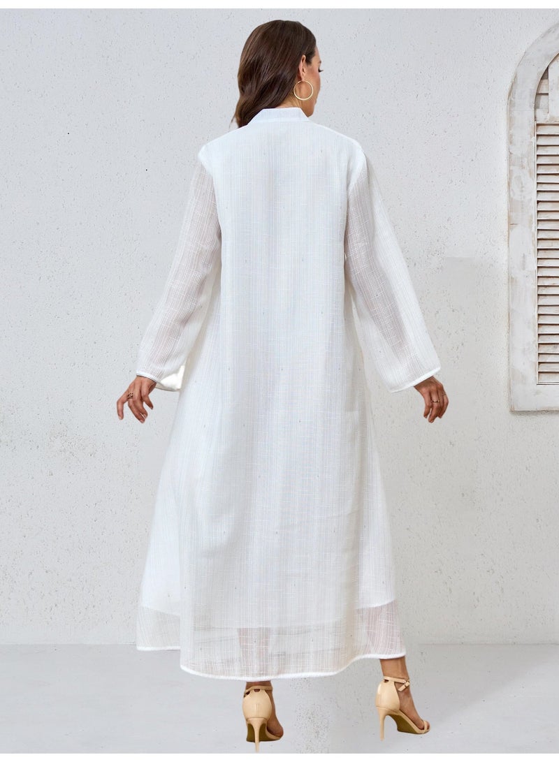Kaiyuede Abaya Eid Ramadan White Gold Sequin Floral Polyester Stand Collar V-Neck Full Coverage Daily S-XL - Image 2