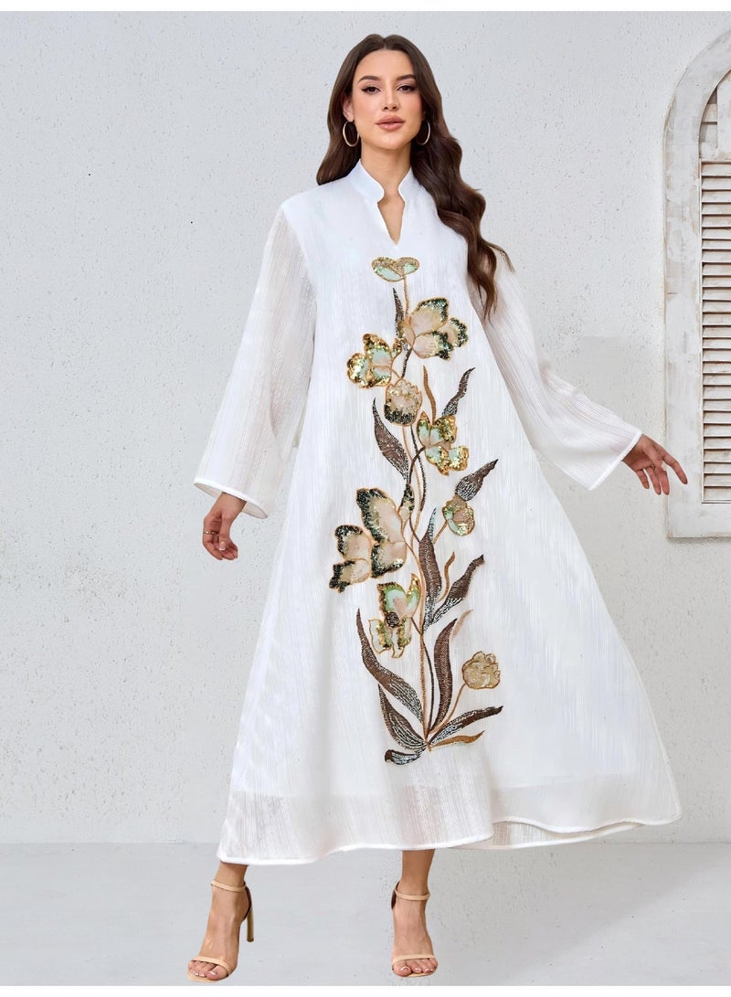 Kaiyuede Abaya Eid Ramadan White Gold Sequin Floral Polyester Stand Collar V-Neck Full Coverage Daily S-XL - Image 1