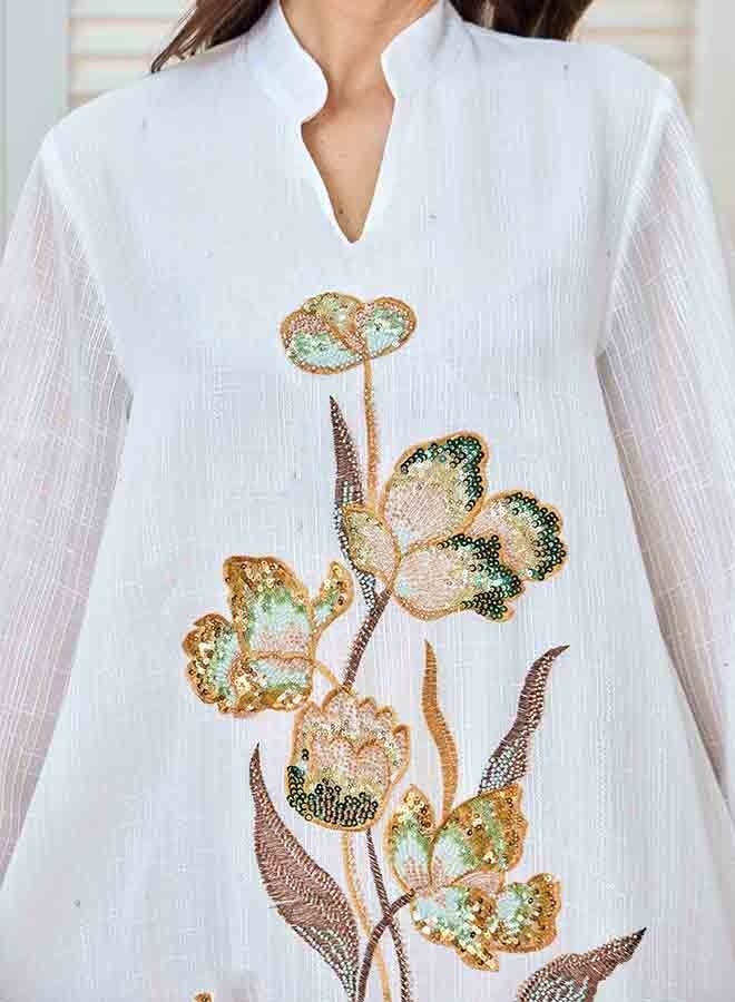 Kaiyuede Abaya Eid Ramadan White Gold Sequin Floral Polyester Stand Collar V-Neck Full Coverage Daily S-XL - Image 3