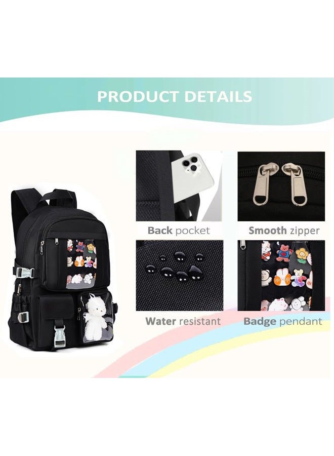 PRLINJSK Kawaii Backpack for Teen Girls, Cute Aesthetic High Middle School College Bookbag with Accessories, Dark Black, Medium, Traditional Backpacks - Image 5