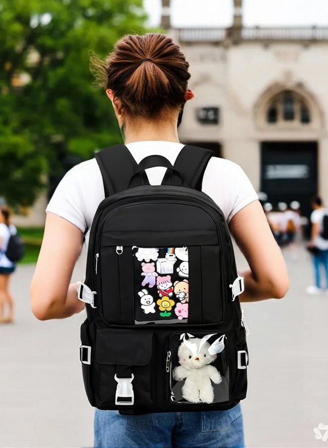 PRLINJSK Kawaii Backpack for Teen Girls, Cute Aesthetic High Middle School College Bookbag with Accessories, Dark Black, Medium, Traditional Backpacks - Image 2