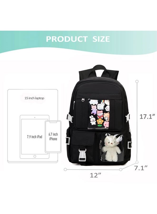 PRLINJSK Kawaii Backpack for Teen Girls, Cute Aesthetic High Middle School College Bookbag with Accessories, Dark Black, Medium, Traditional Backpacks - Image 3