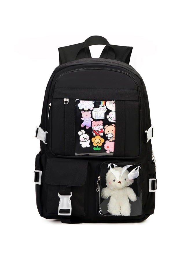 PRLINJSK Kawaii Backpack for Teen Girls, Cute Aesthetic High Middle School College Bookbag with Accessories, Dark Black, Medium, Traditional Backpacks - Image 1