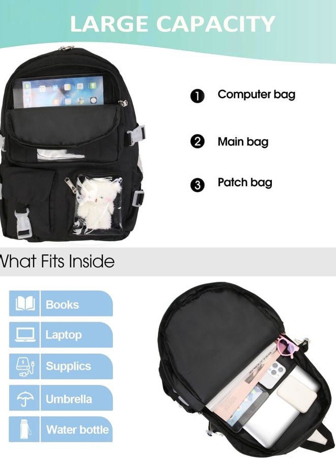 PRLINJSK Kawaii Backpack for Teen Girls, Cute Aesthetic High Middle School College Bookbag with Accessories, Dark Black, Medium, Traditional Backpacks - Image 4