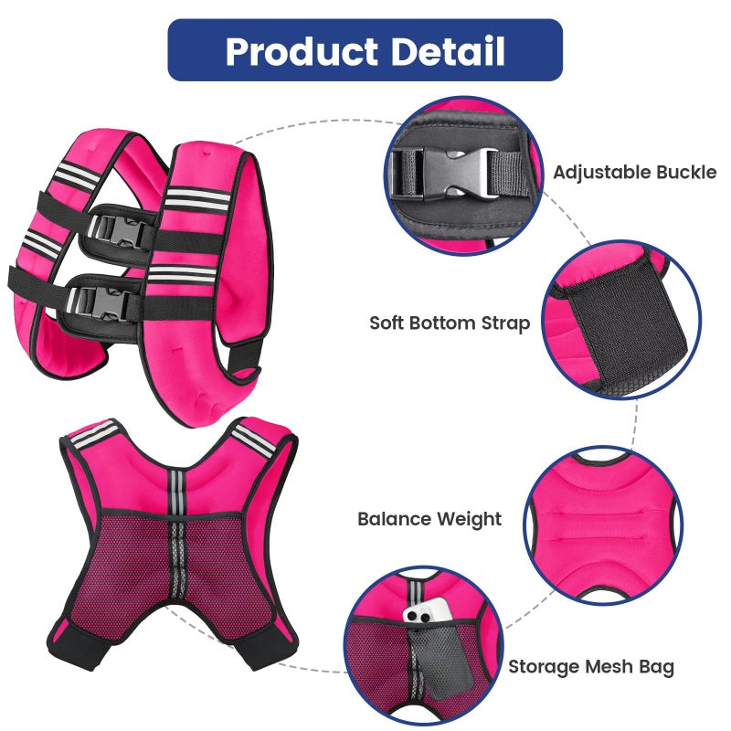 Zikopomi 12LB Pink Weighted Vest with Two Adjustment Straps for Men Women, Weight Vest with Reflective Stripes for Workout, Strength Training, Running, Fitness, Muscle Building, Weight Loss - Image 5