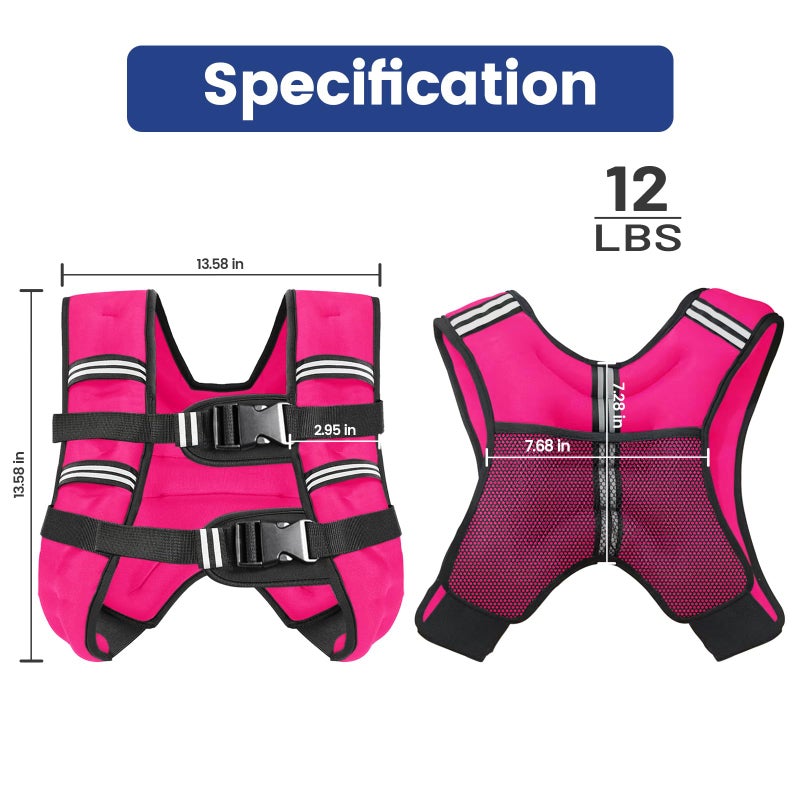 Zikopomi 12LB Pink Weighted Vest with Two Adjustment Straps for Men Women, Weight Vest with Reflective Stripes for Workout, Strength Training, Running, Fitness, Muscle Building, Weight Loss - Image 4