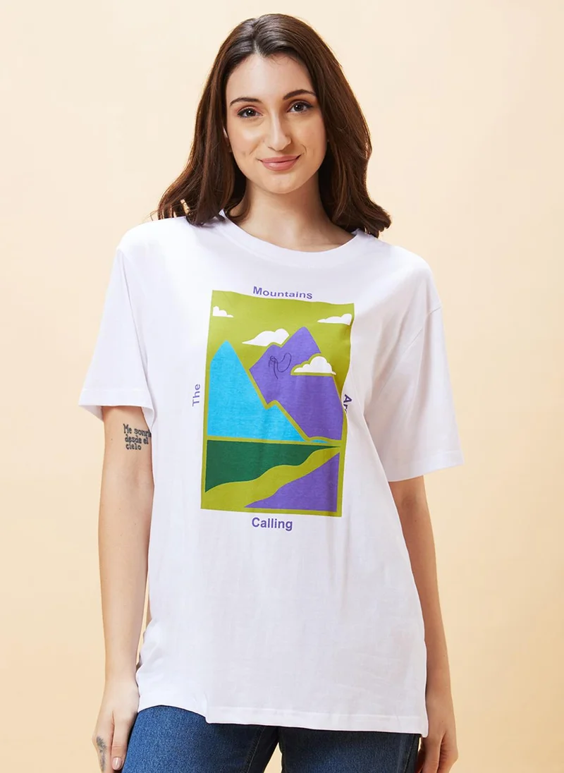 جلو باص تيشيرت قطن نقي واسع بطبعة حروف نسائي