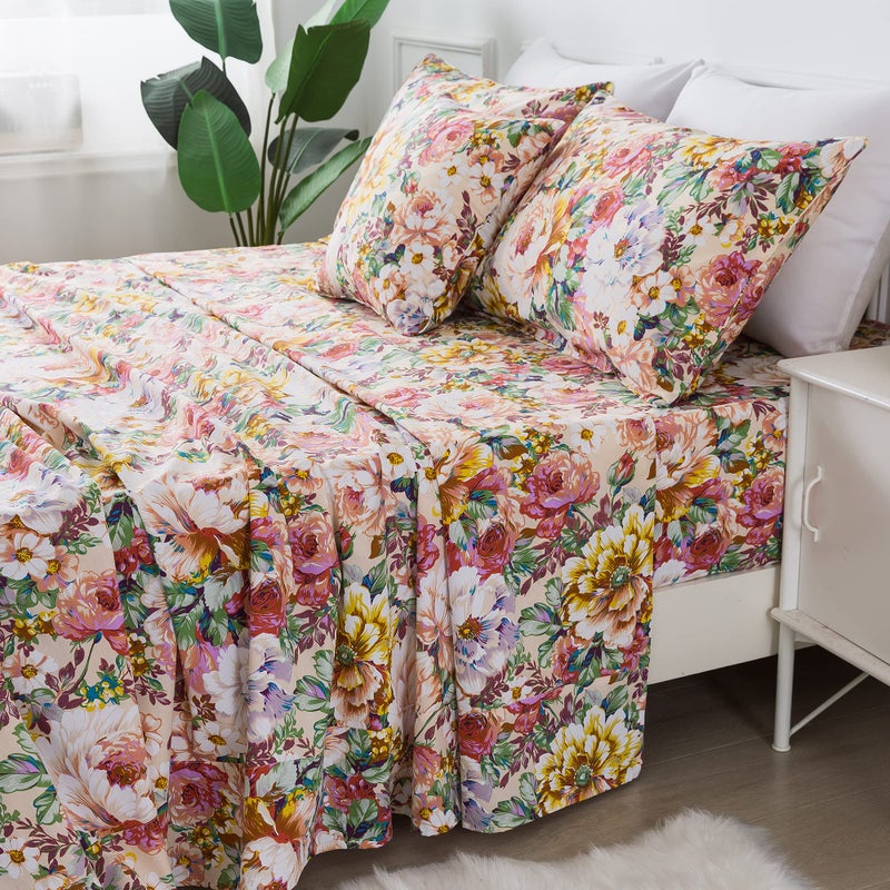 FADFAY Floral Sheets Set Queen 100 Cotton Shabby Garden Flower Pink and Orange Vintage Peony Bedding 600TC Elegant Cottagecore Bedding Super Soft Deep Pocket Bed Sheets Set 4Pcs