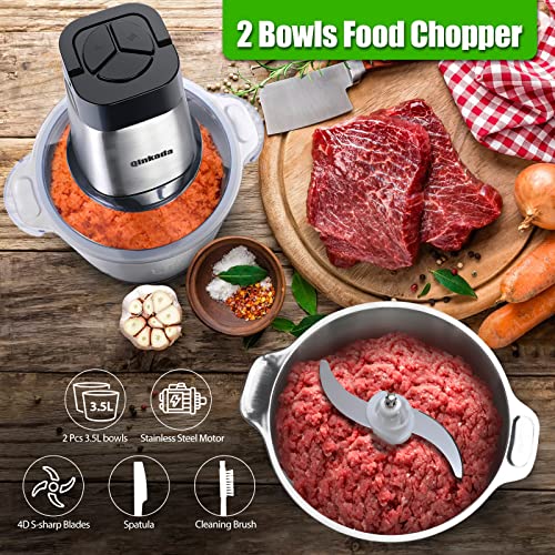 Qinkada Food Processor, 2 Stainless Steel Bowls, 14Cup, 500W Powerful Electric Meat Grinder, 3 Speed Modes 4 Bi-Level Blades for Onion, Meat, Nuts, Fruit, Garlic, Vegetable, Baby Food - Image 2