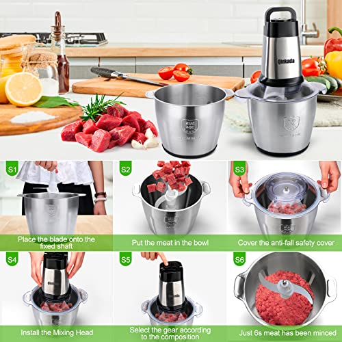 Qinkada Food Processor, 2 Stainless Steel Bowls, 14Cup, 500W Powerful Electric Meat Grinder, 3 Speed Modes 4 Bi-Level Blades for Onion, Meat, Nuts, Fruit, Garlic, Vegetable, Baby Food - Image 4