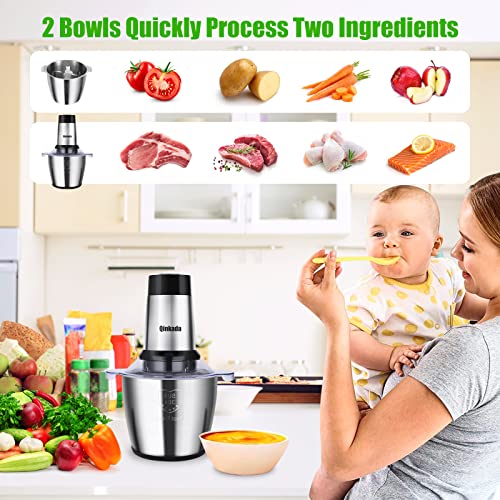 Qinkada Food Processor, 2 Stainless Steel Bowls, 14Cup, 500W Powerful Electric Meat Grinder, 3 Speed Modes 4 Bi-Level Blades for Onion, Meat, Nuts, Fruit, Garlic, Vegetable, Baby Food - Image 3