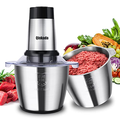 Qinkada Food Processor, 2 Stainless Steel Bowls, 14Cup, 500W Powerful Electric Meat Grinder, 3 Speed Modes 4 Bi-Level Blades for Onion, Meat, Nuts, Fruit, Garlic, Vegetable, Baby Food - Image 1
