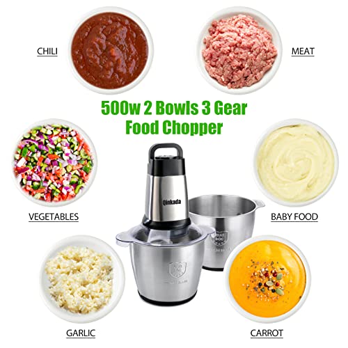 Qinkada Food Processor, 2 Stainless Steel Bowls, 14Cup, 500W Powerful Electric Meat Grinder, 3 Speed Modes 4 Bi-Level Blades for Onion, Meat, Nuts, Fruit, Garlic, Vegetable, Baby Food - Image 5