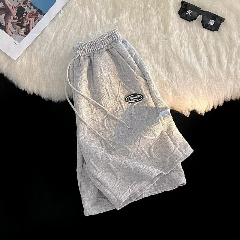 Summer Waffle Knit T-Shirt Shorts Mens Korean Loose Casual Set Shorts Gray  - Image 1