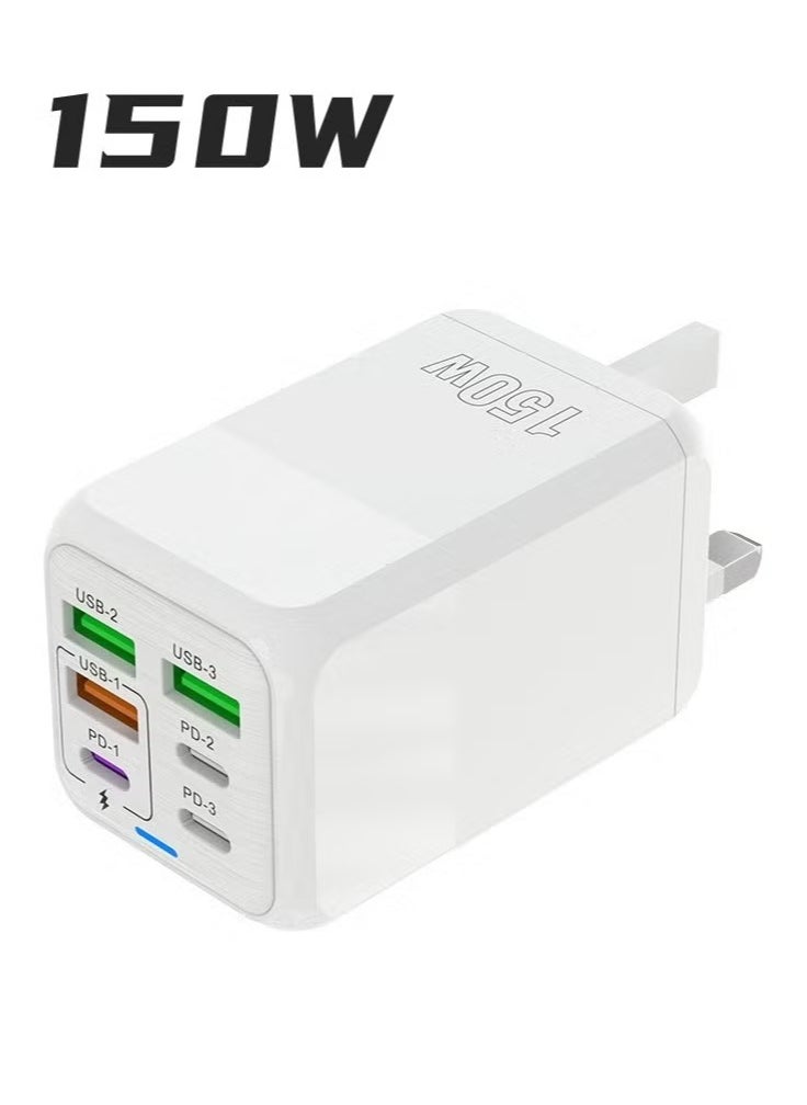 FIRST PRO 150W PD QC 3.0 Type C Fast Charger Adapter, 6-Port USB A & USB C Fast Charging Adapter Compatible with Samsung Galaxy S24 ultra, Iphone 16/15/14/Apple 13 Pro Max, Ipad, nintendo switch (WHITE) 