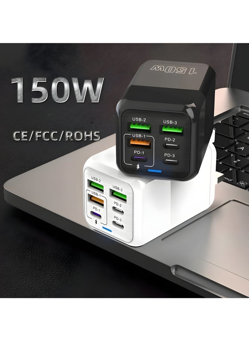 FIRST PRO - 150W UK 6 Ports Multifunctional Super Fast Charging Adapter Mobile Phone Charger Travel Power Adapter (WHITE) - Image 1