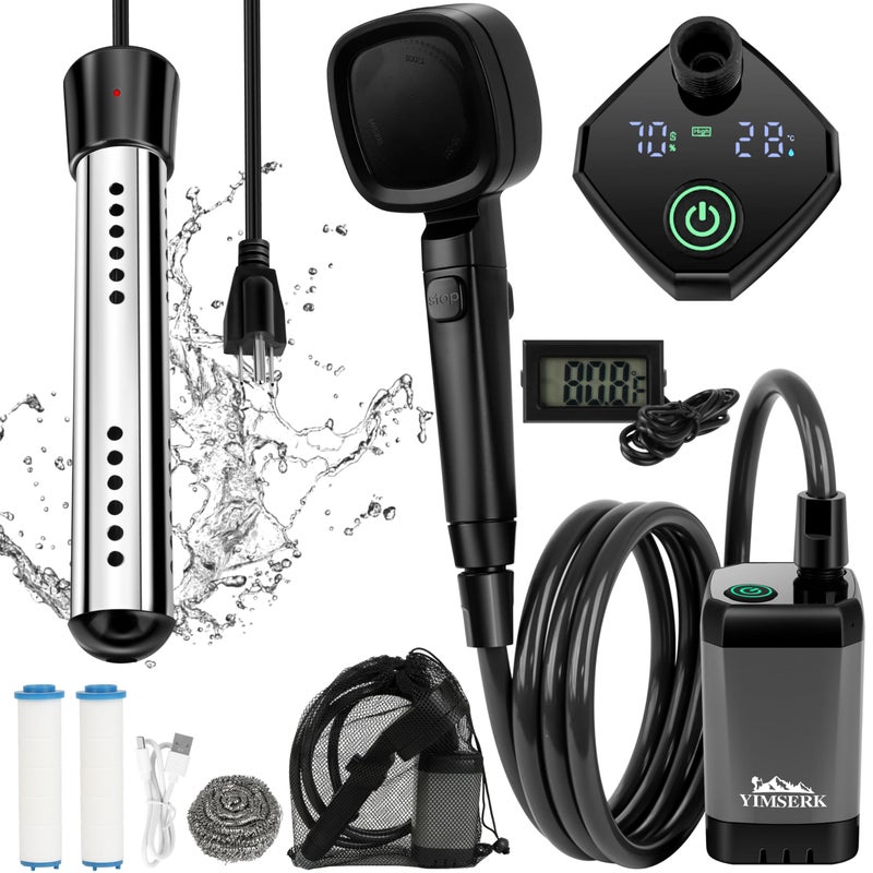 Yimserk Portable Shower with Heater for Camping â€“ 6000mAh Rechargeable Camping Shower Pump with 2000W Heater, 4-Mode Filter, LED Display, Camp Kit for Outdoor Travel, Pets, Car Wash - Image 1