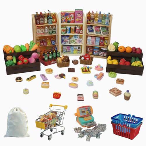 Kimo 180Pcs Mini Shopping Cart Playset Pretend Grocery Dollhouse Accessories Toys with Miniature Cash Register 2 FruitVeggie Stands 3 Shelves 100 Play Food Educational Role Play Toys for Toddlers - Image 1