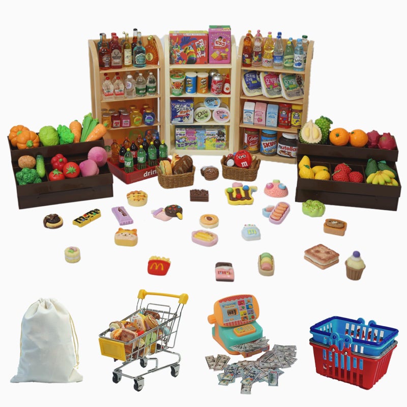 Kimo 180Pcs Mini Shopping Cart Playset Pretend Grocery Dollhouse Accessories Toys with Miniature Cash Register 2 FruitVeggie Stands 3 Shelves 100 Play Food Educational Role Play Toys for Toddlers - Image 2