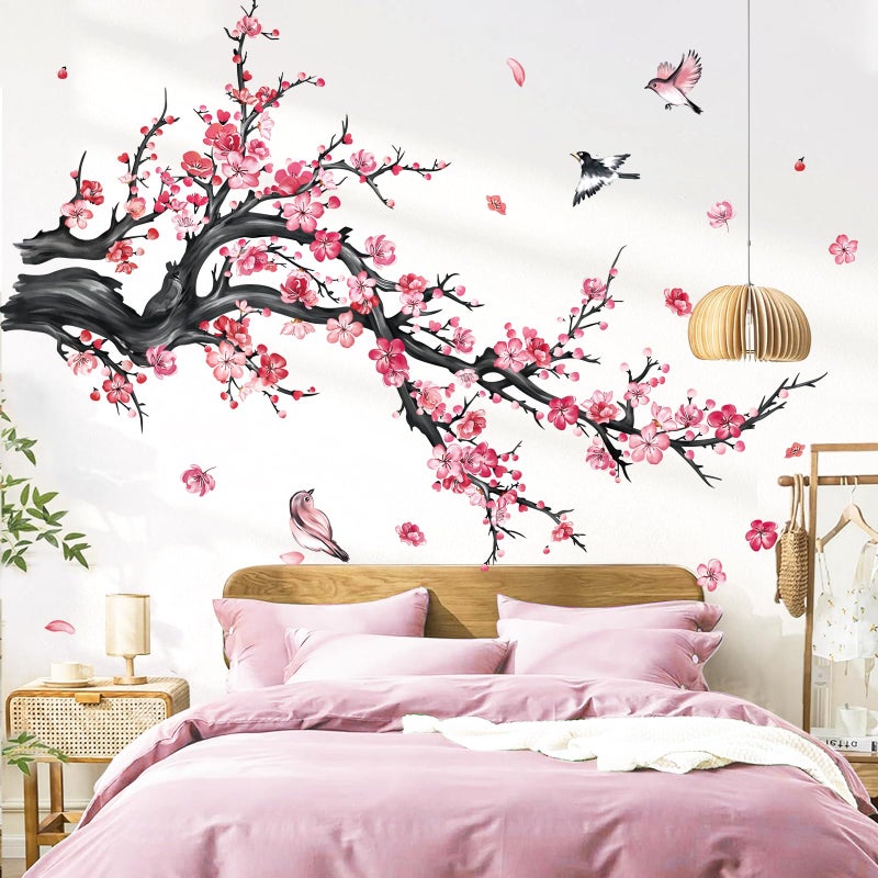 decalmile decalmile Pink Flower Branch Wall Decals Watercolor Blossom Floral Tree Branches Wall Stickers Living Room Bedroom Sofa TV Background Wall Decor  - Image 1