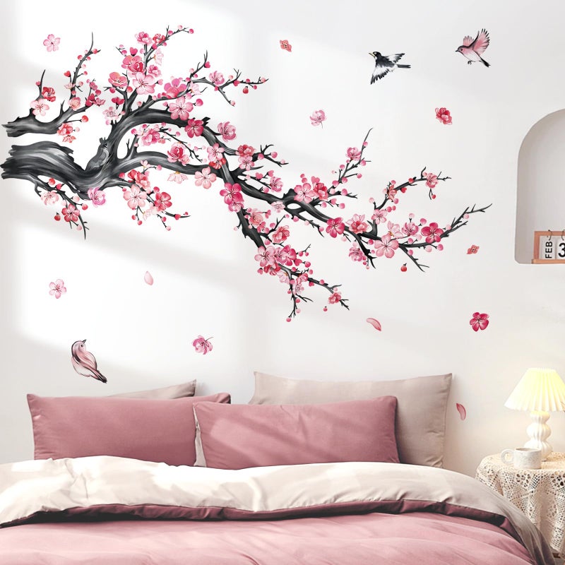 decalmile decalmile Pink Flower Branch Wall Decals Watercolor Blossom Floral Tree Branches Wall Stickers Living Room Bedroom Sofa TV Background Wall Decor  - Image 3