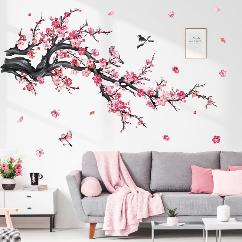 decalmile decalmile Pink Flower Branch Wall Decals Watercolor Blossom Floral Tree Branches Wall Stickers Living Room Bedroom Sofa TV Background Wall Decor  - Image 4