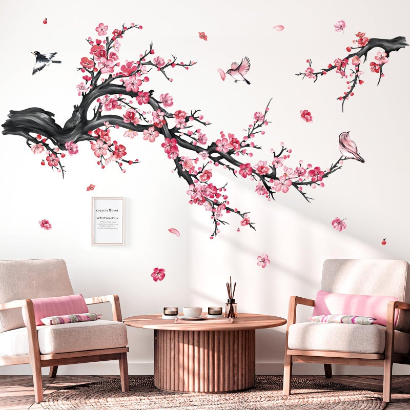 decalmile decalmile Pink Flower Branch Wall Decals Watercolor Blossom Floral Tree Branches Wall Stickers Living Room Bedroom Sofa TV Background Wall Decor  - Image 2