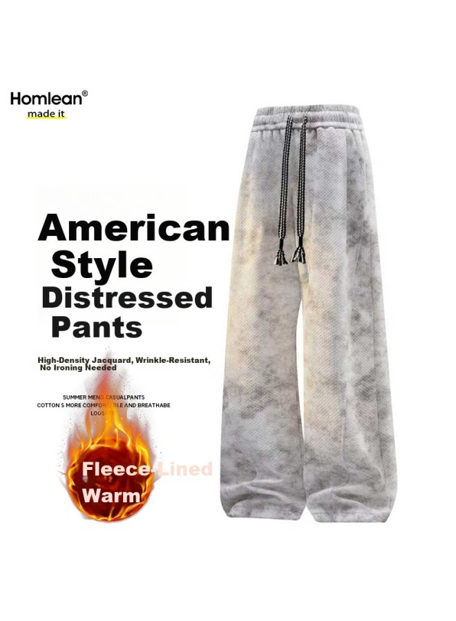 Homlean Men's American Style Casual Pants Autumn Winter Tie-dye Fleece Lined Thick Loose Fit Long Pants Hj26jr Light Gray L - Image 1