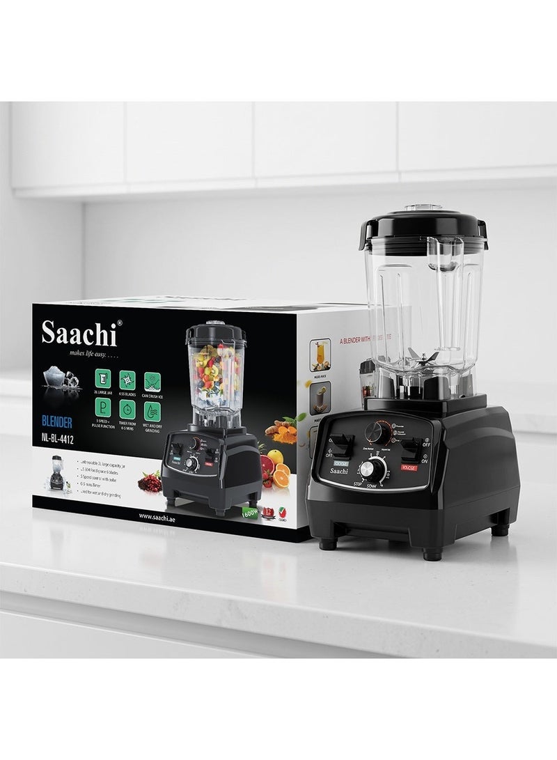 Saachi Blender NL-BL-4412, 1600W, 2L Unbreakable Plastic Jar, US 304 Food Grade 6 Blades, 5-Speed with Pulse, 0-5 Min Timer, Wet & Dry Grinding, Ice Crushing, Overheat Protection 2 L 1600 W NL-BL-4412-BK Black - Image 2