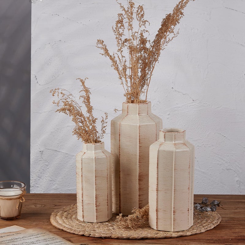 LUKA Ceramic Rustic Farmhouse Vase Set of 3Ice Cracked Glazed Terracotta VaseLarge Vases for DecorFall Decoratiion Vases for Home Table Living Room Shelf