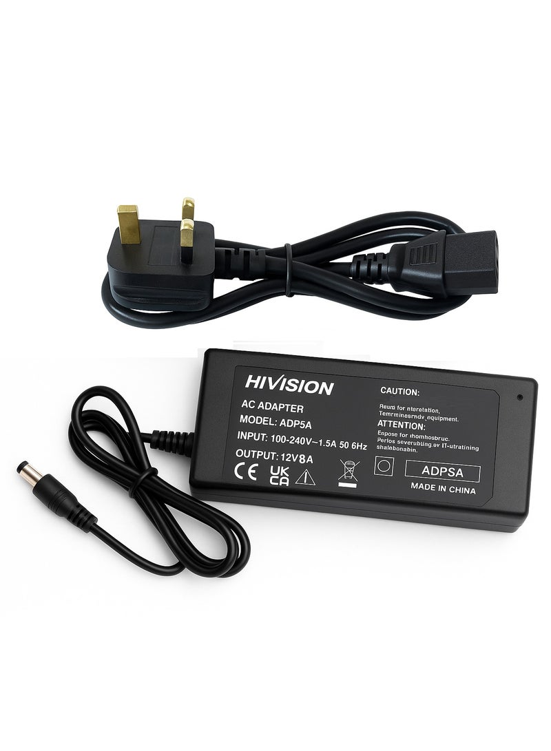Hivision 12V 8A 96W Power Supply Adapter – AC 110V~240V to DC 12V Converter – 8 Amp Transformer for Water Pump, CCTV System, LED Strip, Computer Project  - Image 1