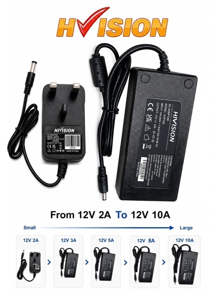 Hivision General Power Supply Adapter – 100-240V to 12V (2A, 3A, 5A, 8A & 10A) Adapter for CCTV Cameras, DVR, LED Strip, Router, Monitor, Water Pump & Electronics - Image 1