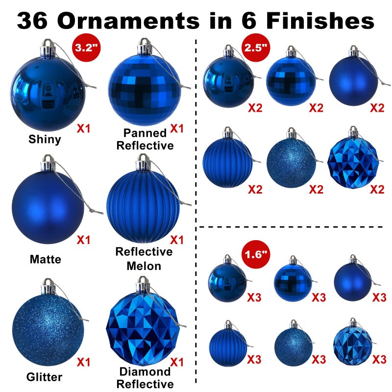 جايم إكسل زخارف عيد الميلاد الأزرق الملكي - كرات شجرة عيد الميلاد زخارف الحلي شاتتربان شاترة شاترة كرات لامعة لعيد الميلاد إكليل إكليل إكليل مجموعة ديكور من 36pcs (1.6 "" 2.5 "" 3.2 "") - Image 2