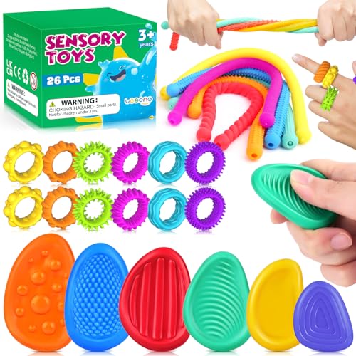 LESONG Fidget Sensory Toys for Kids 26 Pack Quiet Squishy Fidgets for Classroom Students Prizes Textured Soft Fidget Rings Stretchy Strings for Autism Office Desk Toddler Travel Fidget BoxEaster Gifts - Image 1