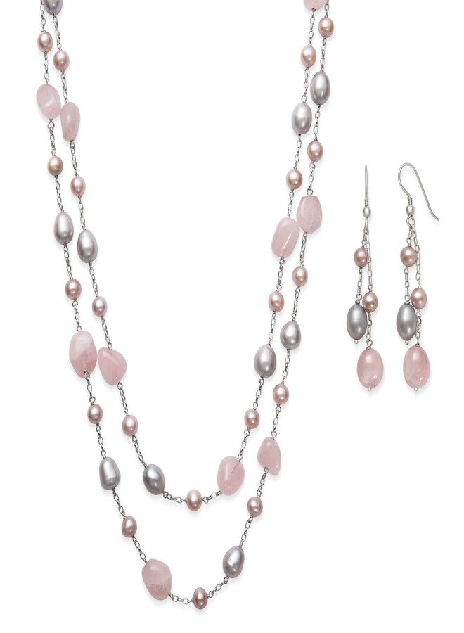 Belacqua Sterling Silver Pink Cultured Pearl and Rose Quartz Station Necklace/Earring Set - Image 1