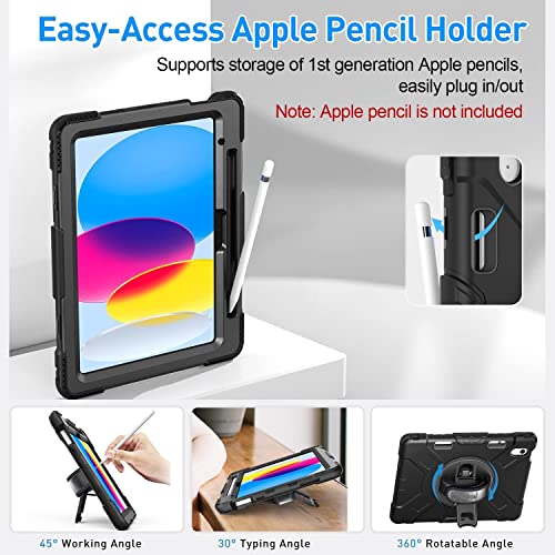 ProElite Case Cover for iPad (A16) 11th/10th Gen (2025/2022) case, Rugged 3 Layer Armor case for iPad 11th/10th Generation with Pencil Holder, Hand Grip, and Rotating Kickstand, Black - Image 4