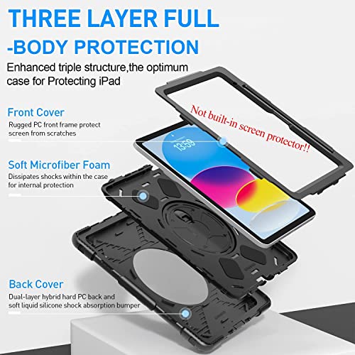 ProElite Case Cover for iPad (A16) 11th/10th Gen (2025/2022) case, Rugged 3 Layer Armor case for iPad 11th/10th Generation with Pencil Holder, Hand Grip, and Rotating Kickstand, Black - Image 2