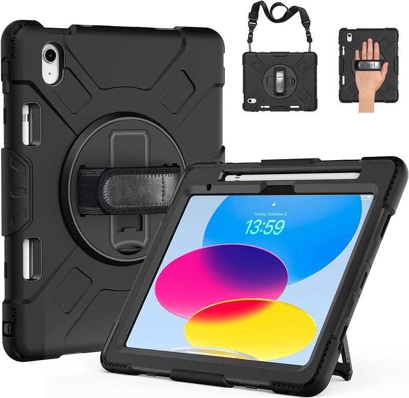ProElite Case Cover for iPad (A16) 11th/10th Gen (2025/2022) case, Rugged 3 Layer Armor case for iPad 11th/10th Generation with Pencil Holder, Hand Grip, and Rotating Kickstand, Black - Image 1