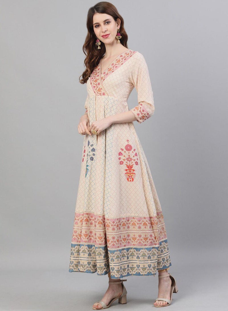 ISHIN Women's Beige Rayon Printed Tunic Straight Fit Kurta - Image 5